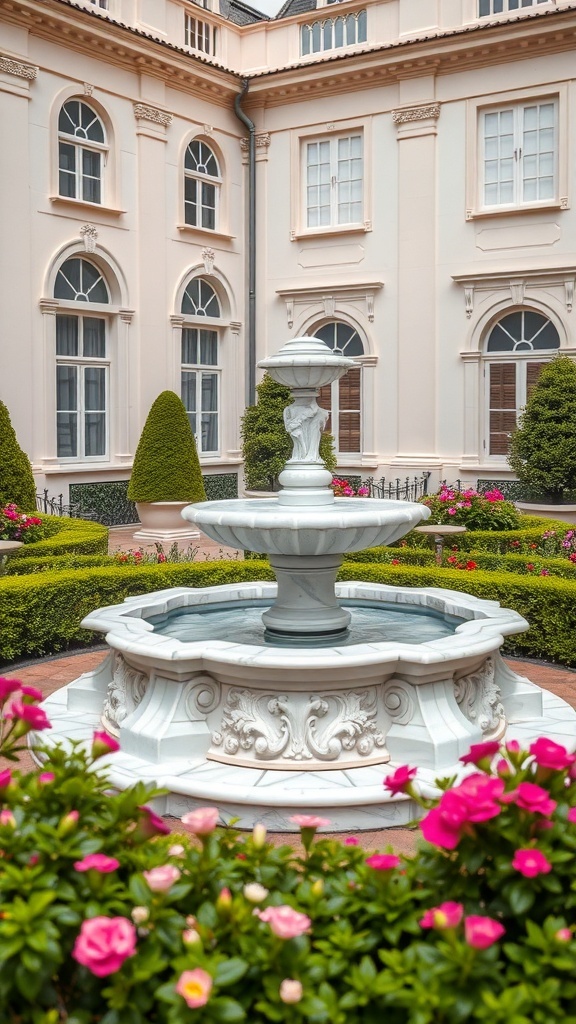 A classic marble fountain surrounded by flowers and greenery in a courtyard.