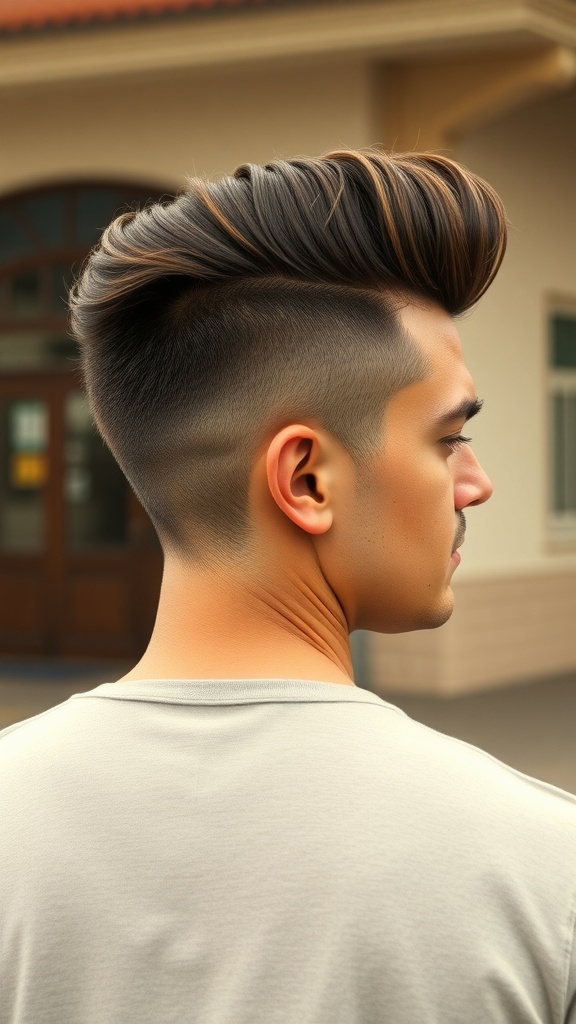 A man with a classic pompadour hairstyle, featuring voluminous hair styled back with tapered sides.