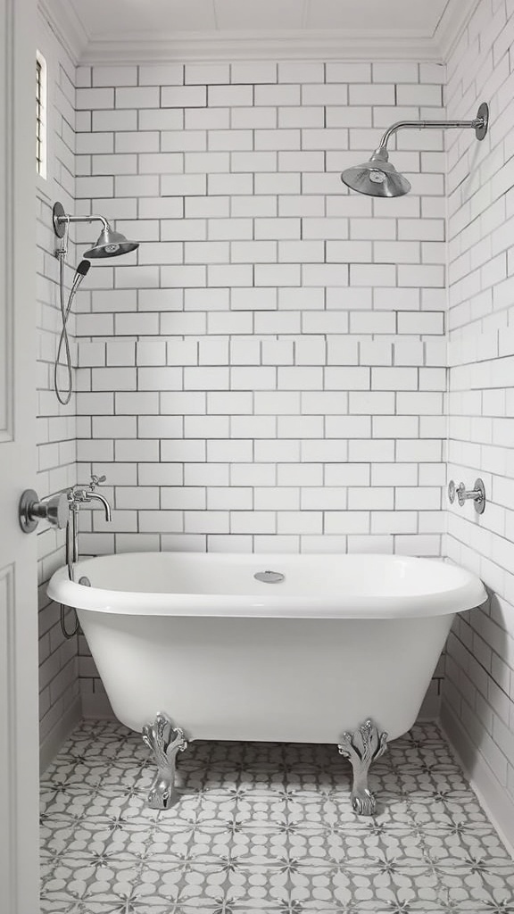 A bathroom featuring classic white subway tiles, a clawfoot tub, and patterned flooring.