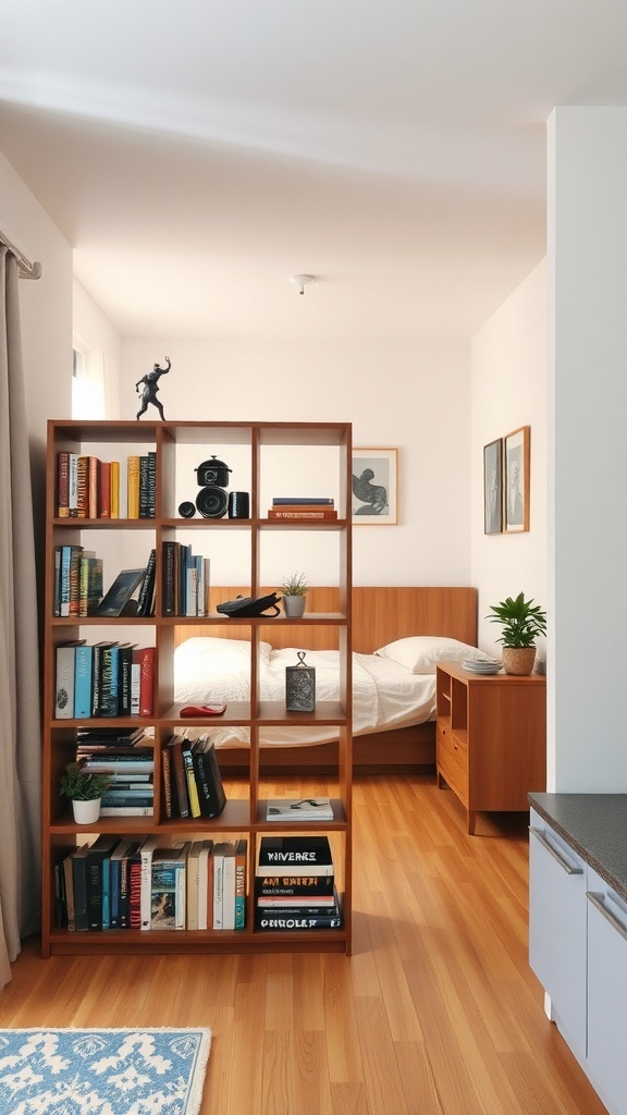 A stylish bookshelf serving as a room divider in a small apartment, separating the living area from the bedroom.