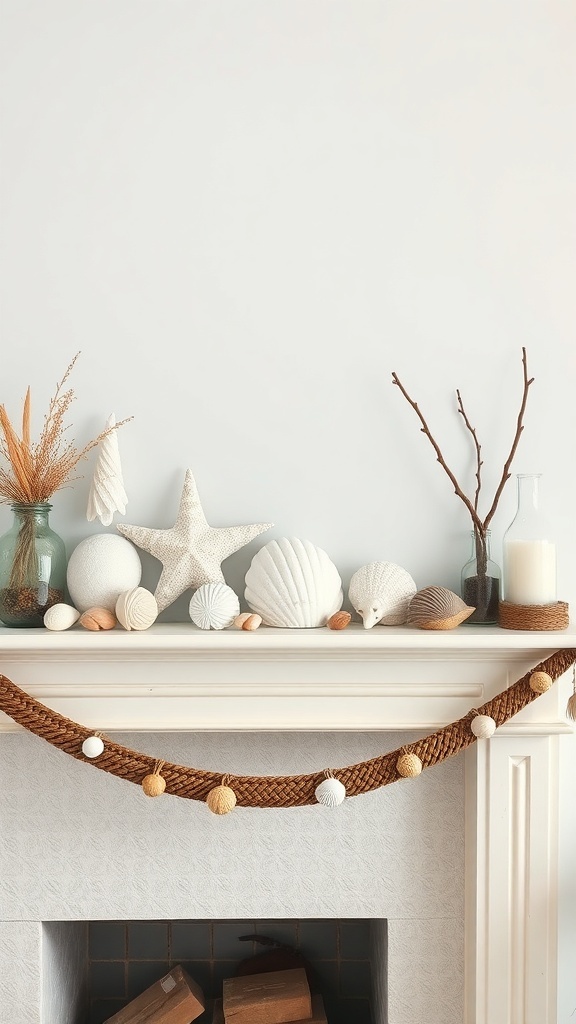 A coastal-inspired mantel decoration featuring seashells, a starfish, and a rope garland.