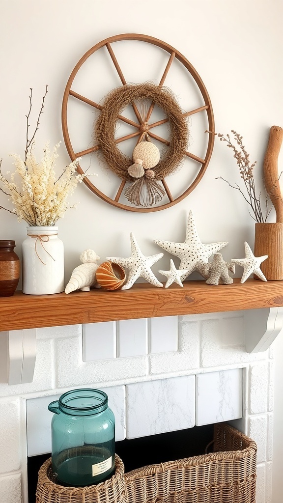 A coastal-inspired mantel decor featuring a wooden wheel wreath, starfish, seashells, and a vase of dried flowers.