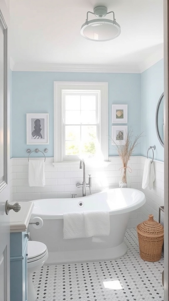 A bright coastal-inspired bathroom featuring a freestanding bathtub, light blue walls, and natural decor elements.