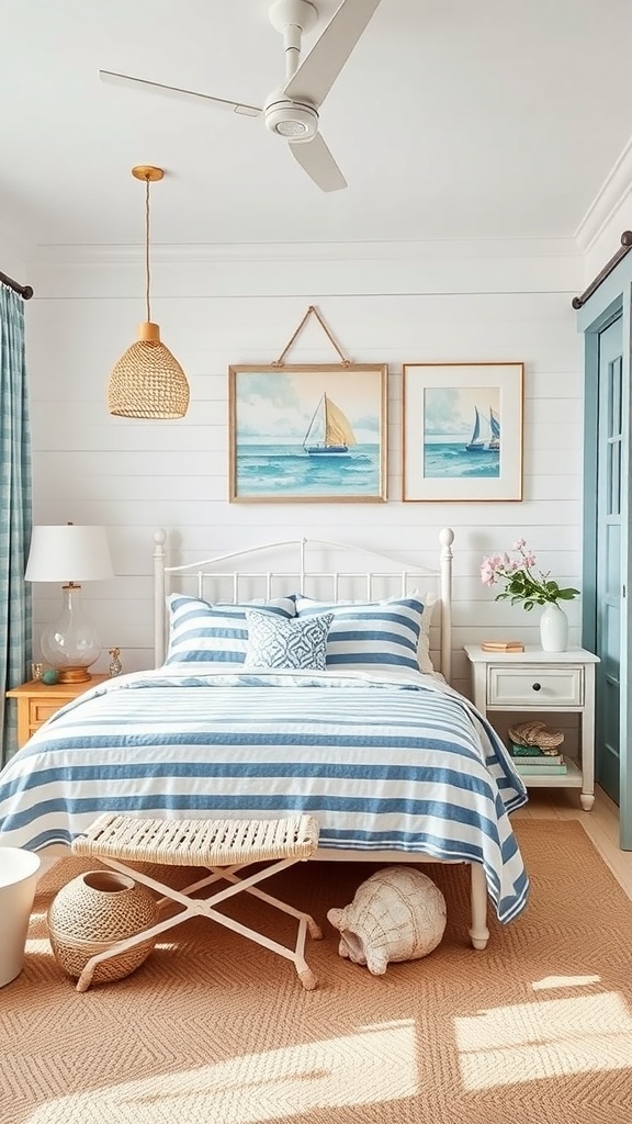 A coastal-inspired bedroom featuring striped bedding, nautical artwork, and natural decor elements.