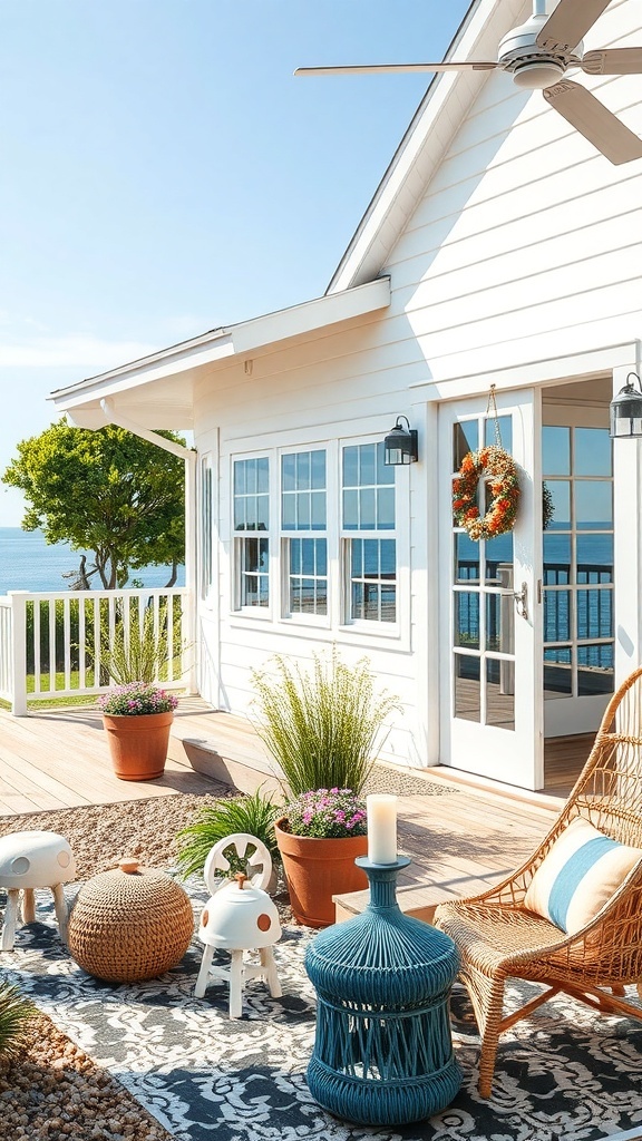 A coastal beach house style outdoor area with wicker furniture, potted plants, and a view of the water.
