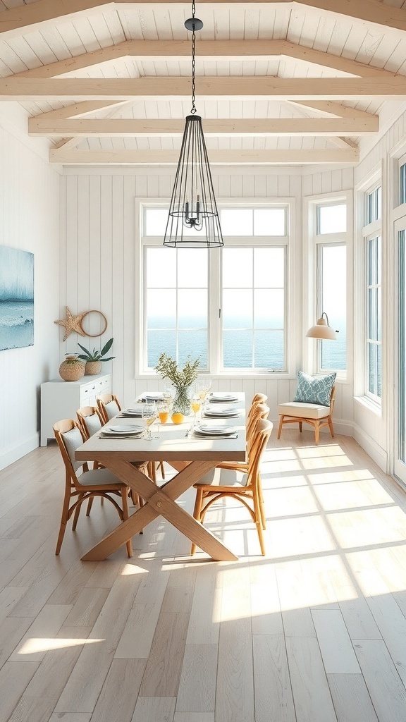 A bright coastal inspired dining area with a wooden table, large windows, and ocean view.
