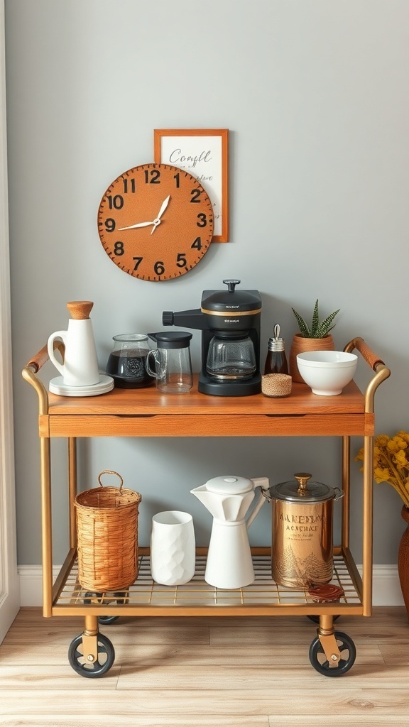 A stylish coffee bar cart with a coffee maker, French press, mugs, and decorative items.