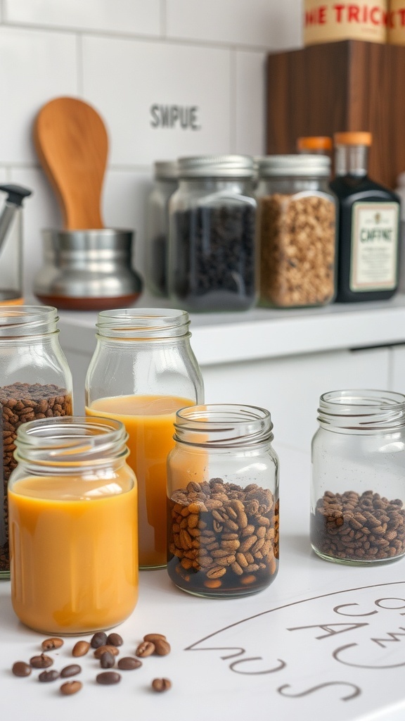 Jars filled with coffee beans and infusions on a kitchen counter.
