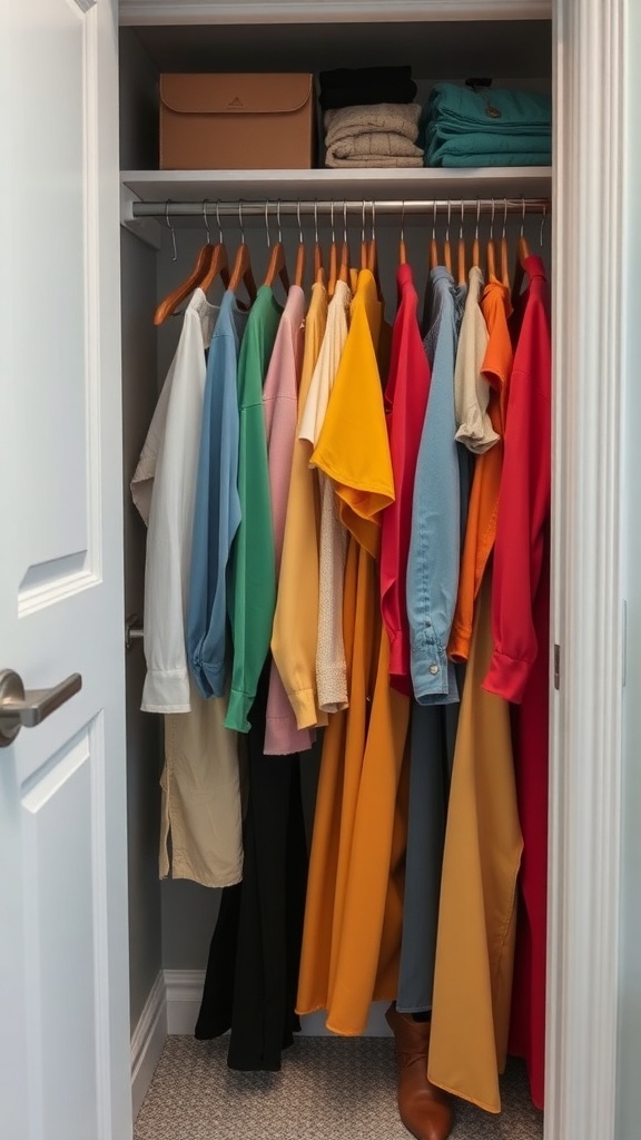 A small closet with color-coded clothing organized by hue, featuring neatly folded items on a shelf above.