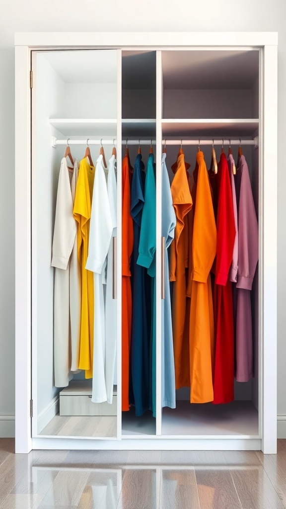 A neatly organized closet with clothes arranged by color, showcasing a variety of hues.