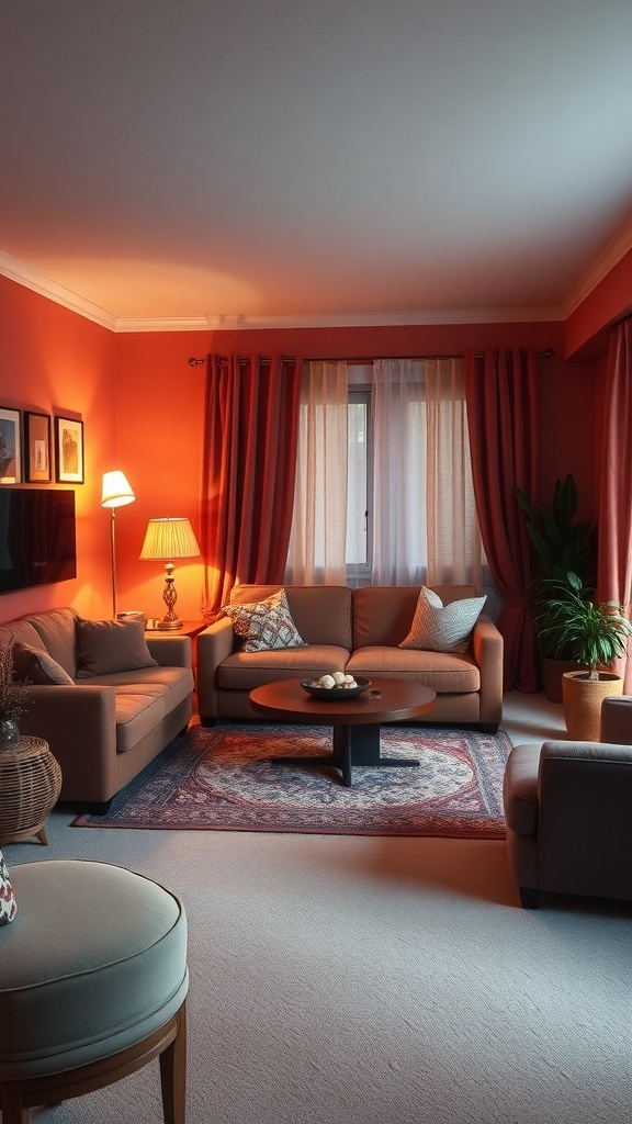 A cozy living room featuring warm colors and soft lighting.