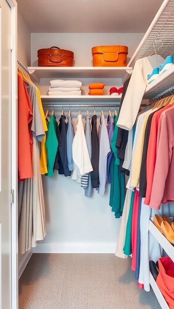 A small walk-in closet showcasing color-coordinated clothes and organized storage.