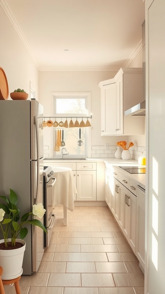 A bright and airy small kitchen with white cabinetry, beige walls, and pops of orange decor.