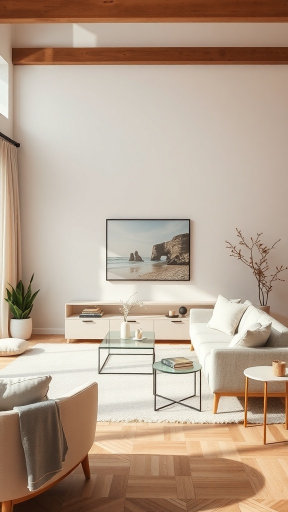 A cozy living room with light walls, wooden beams, and soft furniture, featuring a serene color palette.