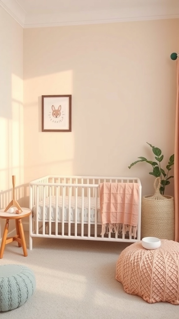 A cozy nursery corner with a crib, soft pastel colors, and decorative elements.