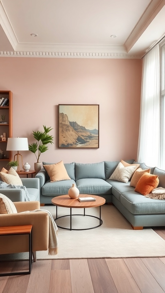 A cozy living room featuring soft pink walls, blue furniture, and earthy tone accents.