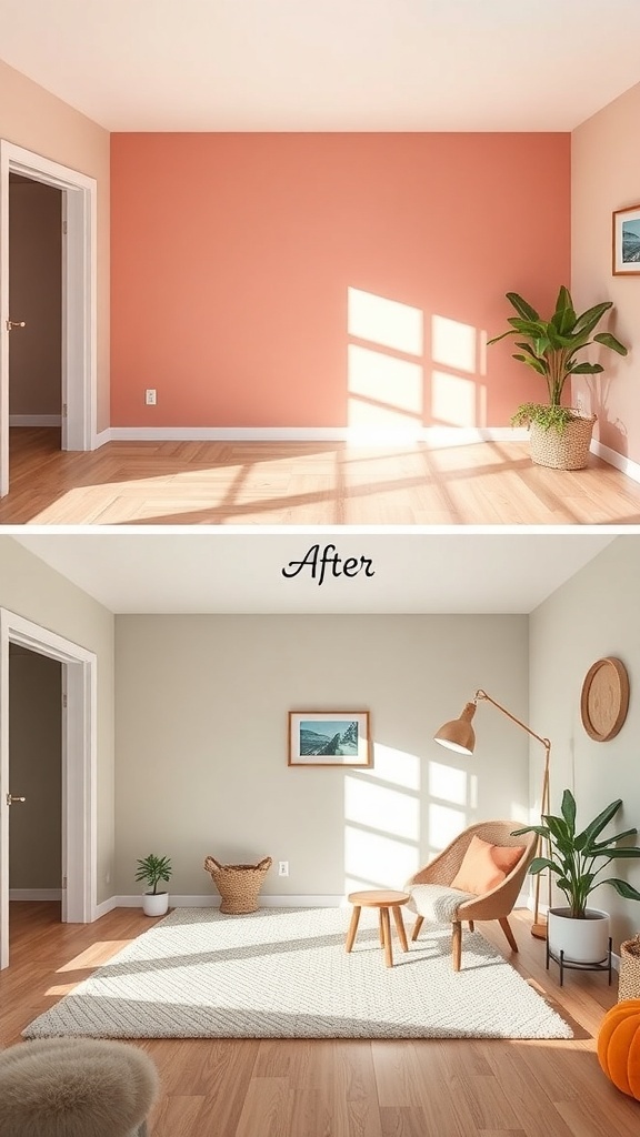 Before and after image of a small room makeover showing a color palette transformation from coral to gray.