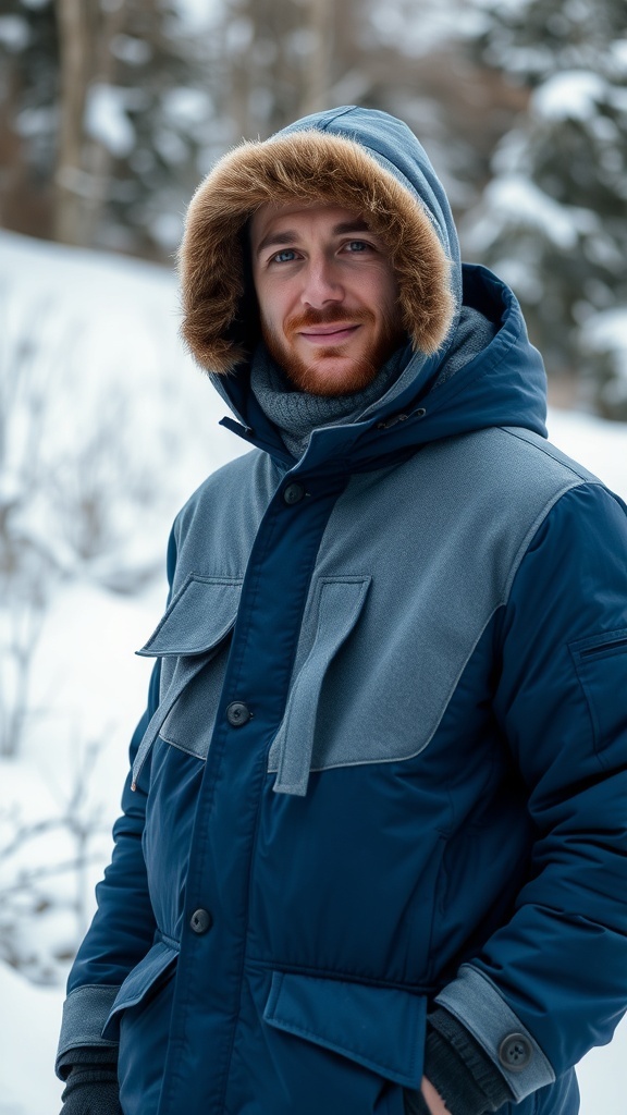 A man in a navy winter coat with a fur-lined hood, smiling in a snowy landscape.