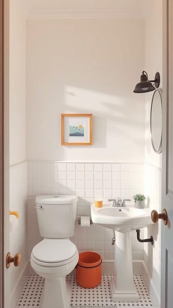 A modern small bathroom featuring white walls, a small sink, a toilet, and orange accents.