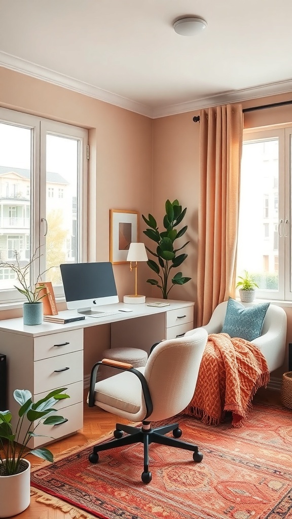 A cozy office guest room combo featuring peach walls, a light desk, an ergonomic chair, plants, and warm decor.
