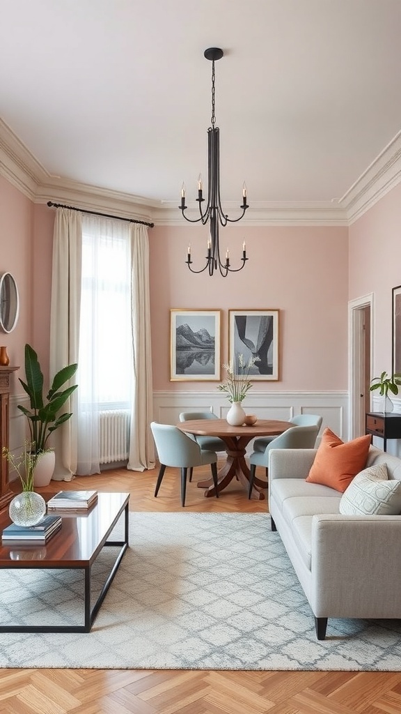 A harmonious living room and dining room combo with a pastel pink color scheme.