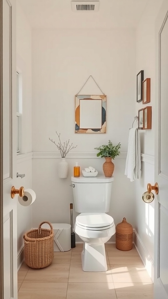 A small half bathroom featuring light colors, warm wood accents, and decorative elements.