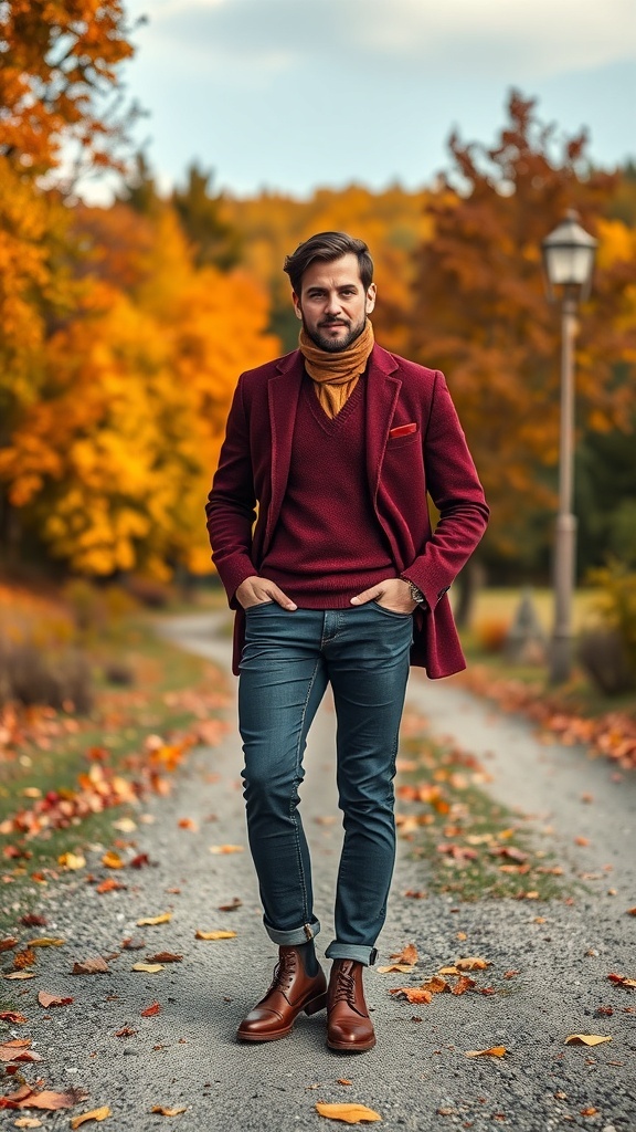 A man in a burgundy blazer and brown boots standing on a path surrounded by autumn foliage.