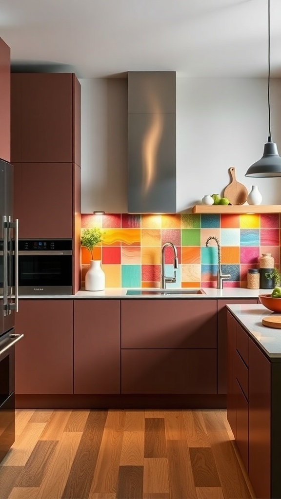 A modern kitchen featuring a colorful backsplash with a mix of red, turquoise, and yellow tiles, complemented by dark cabinetry and wooden flooring.
