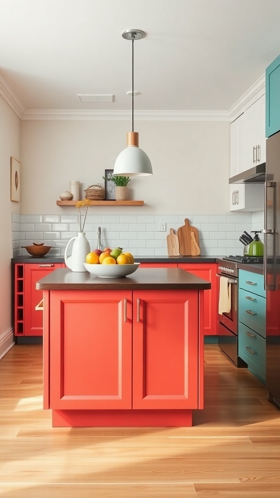 Colorful small kitchen island in a modern kitchen, featuring a red base and dark wooden countertop, surrounded by light-colored cabinetry.