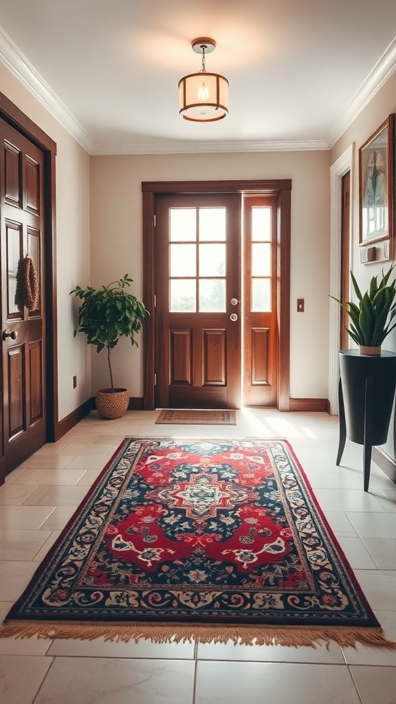 A cozy entryway with a colorful area rug, plants, and warm lighting.