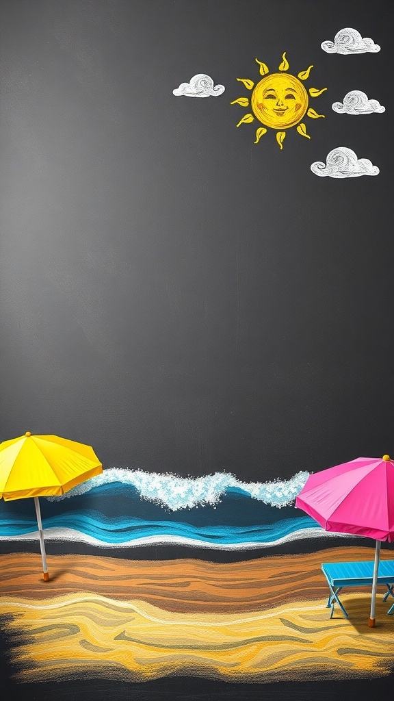Chalkboard art featuring a colorful beach scene with umbrellas, waves, and a smiling sun.