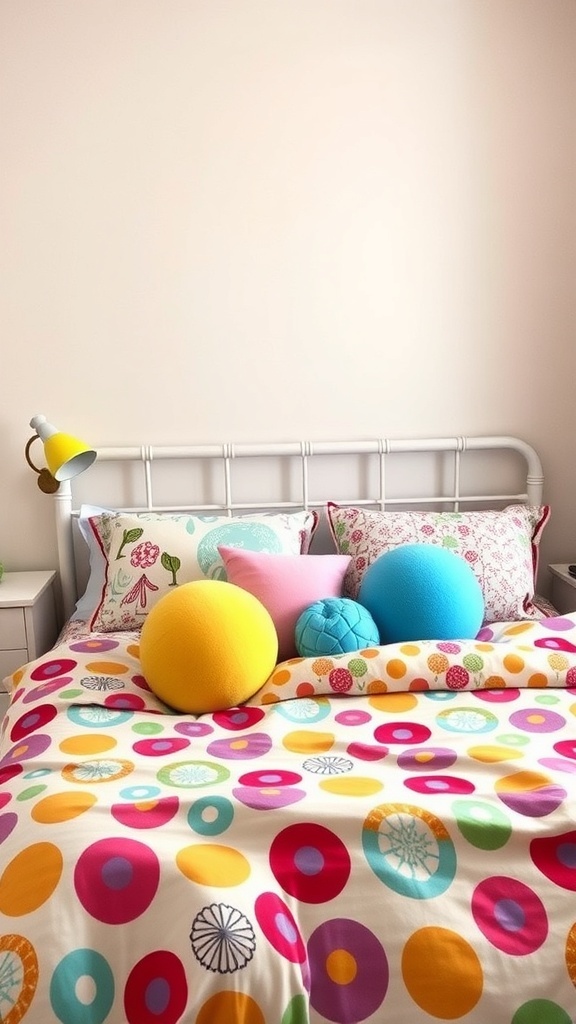 A whimsical bedroom with colorful bedding and playful pillows.