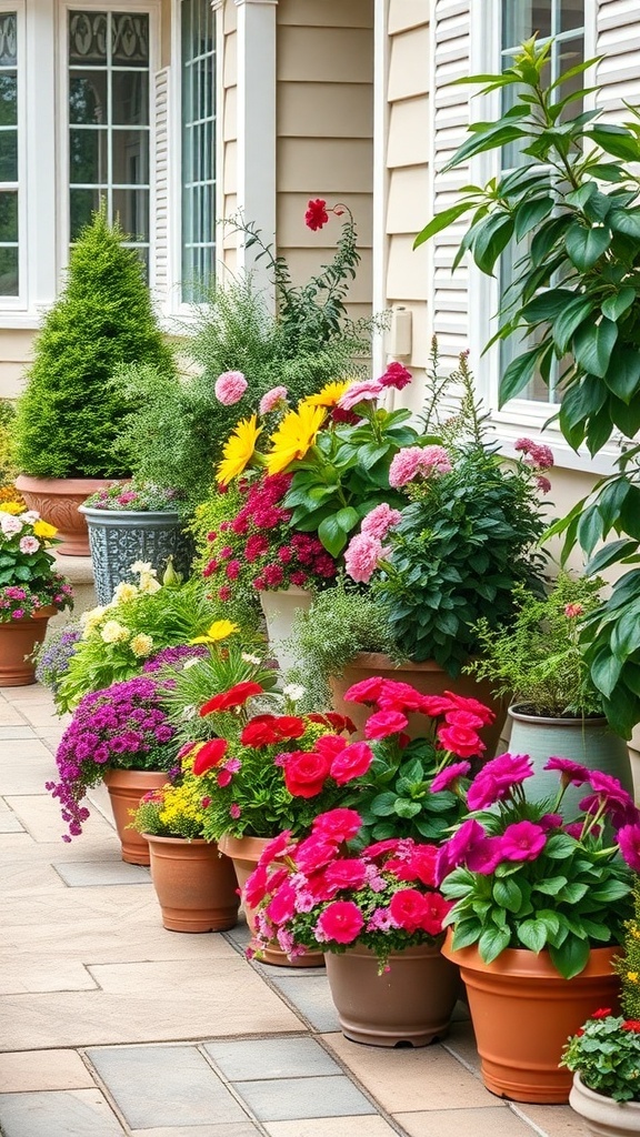 A colorful container garden with various flowers in pots along a pathway.