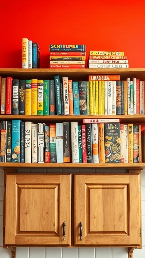 A vibrant display of colorful cookbooks above wooden kitchen cabinets against a red wall.