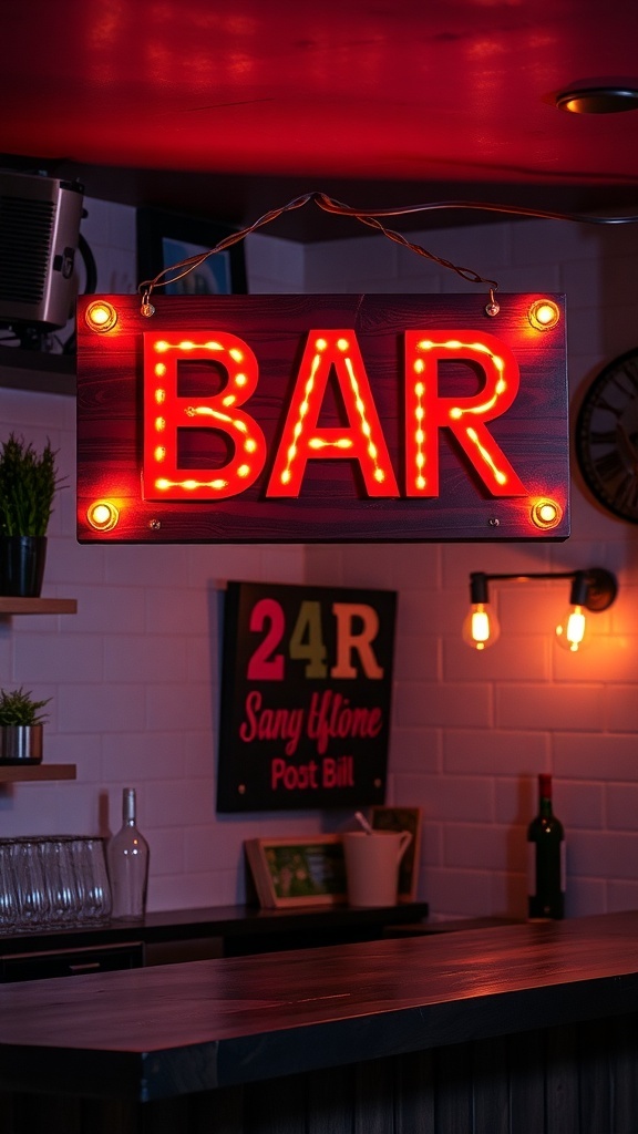 Colorful 'BAR' sign with neon lights in a basement bar setup
