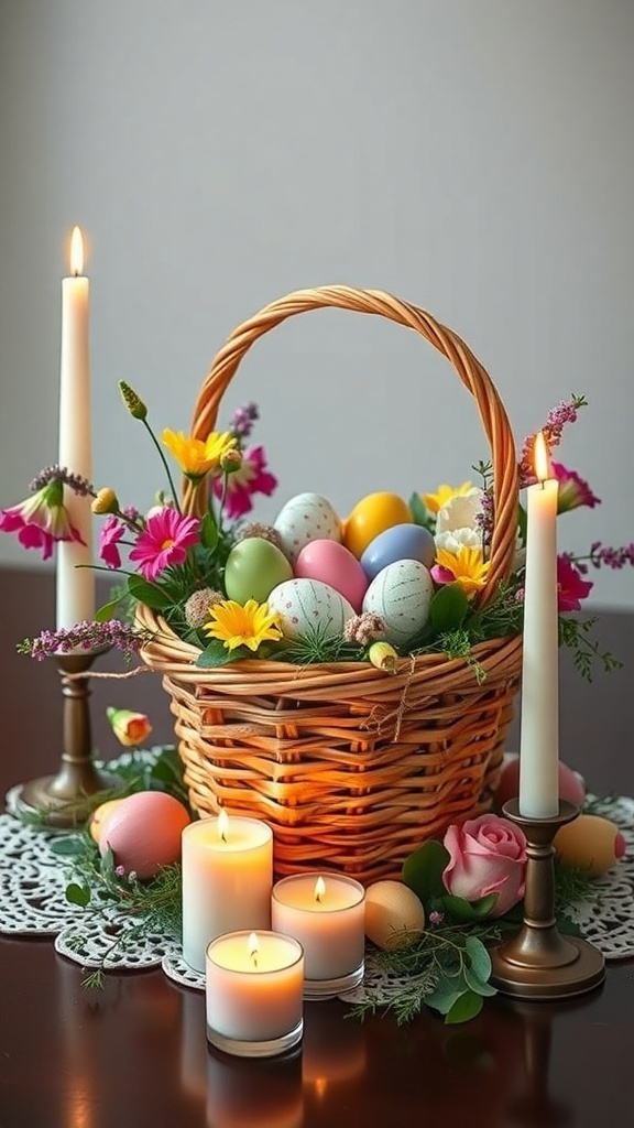 A colorful Easter basket centerpiece with decorated eggs, flowers, and candles.