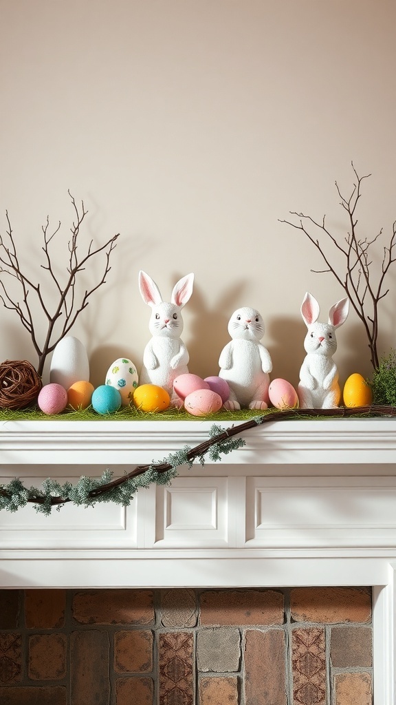 A mantel decorated for Easter with bunny figurines and colorful eggs.