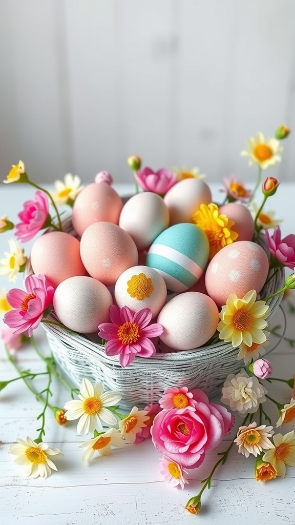 A wicker basket filled with colorful Easter eggs surrounded by flowers