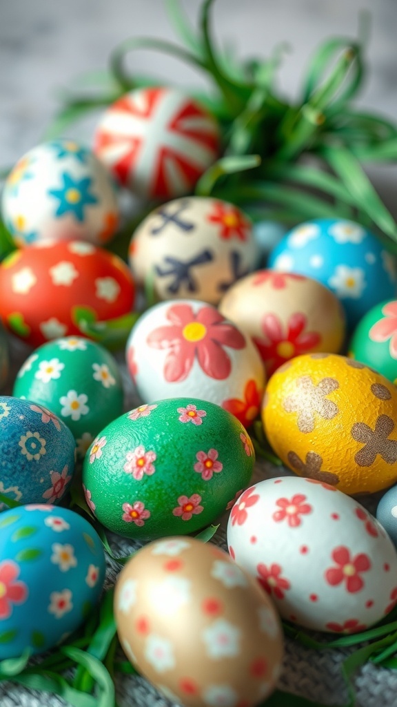 A collection of beautifully decorated Easter eggs in various colors and patterns.