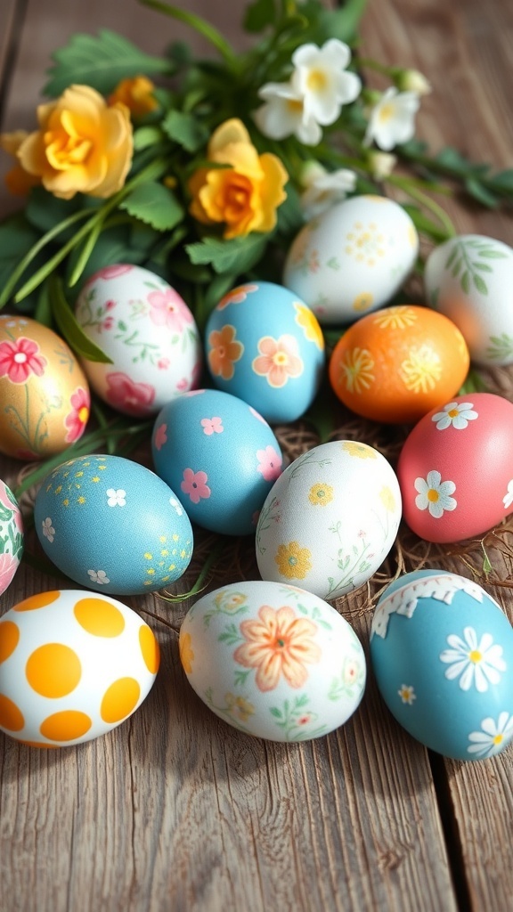 A collection of beautifully decorated Easter eggs in various colors and patterns.