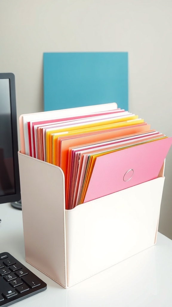 Colorful file organizers with pink and orange papers in a cubicle setting.