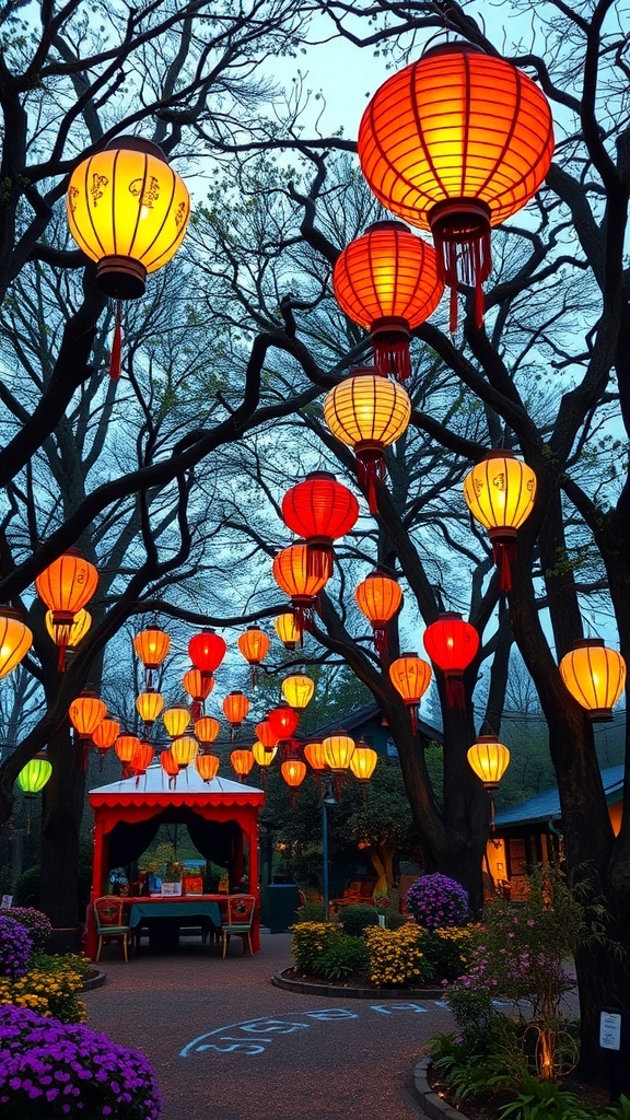 Colorful lanterns hanging from trees in a garden setting