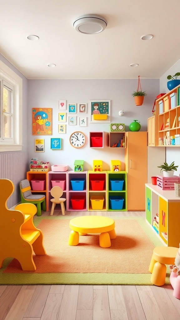 A colorful kids' playroom with bright furniture, storage bins, and artwork on the walls.