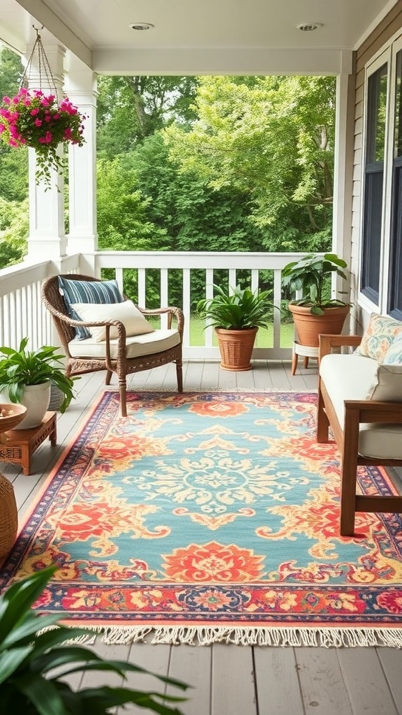 A colorful outdoor rug on a porch with plants and seating.