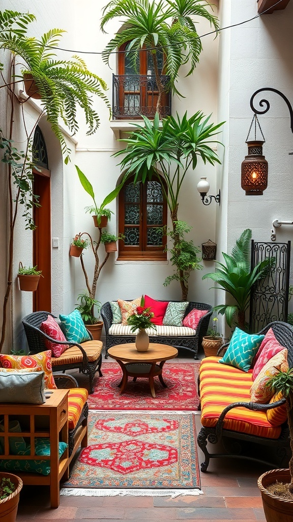 A colorful patio with vibrant cushions, plants, and a cozy seating arrangement.