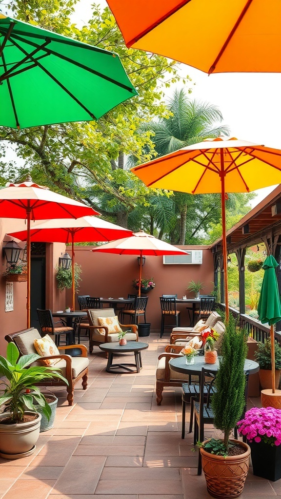 Colorful patio umbrellas in green, orange, and red providing shade over a cozy outdoor seating area.