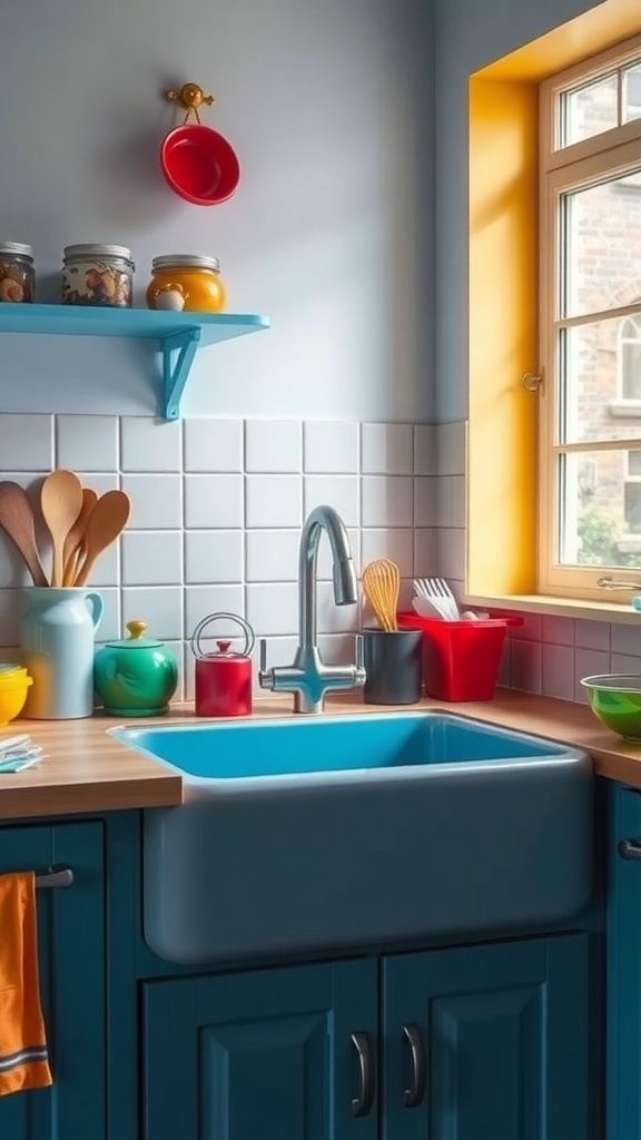 A colorful kitchen sink with a blue interior, surrounded by vibrant kitchen accessories and a wooden countertop.