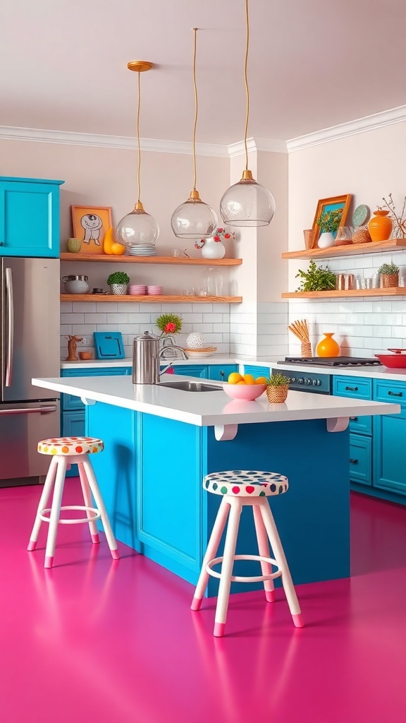 A colorful kitchen with a blue island, white countertop, and polka-dot stools on pink flooring.