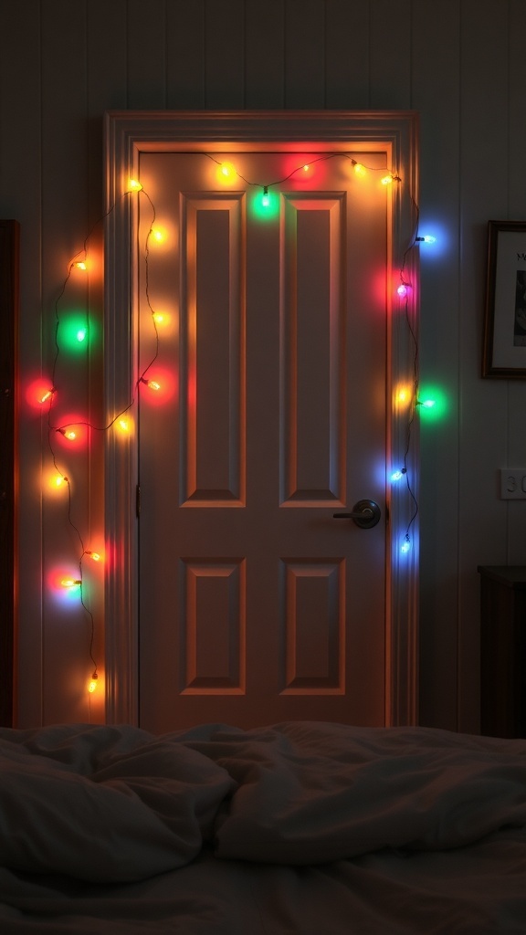 A bedroom door decorated with colorful string lights in various colors.