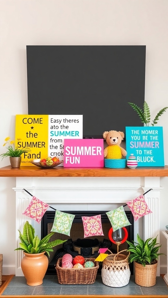 Colorful summer signage on a mantel with plants and decorative items